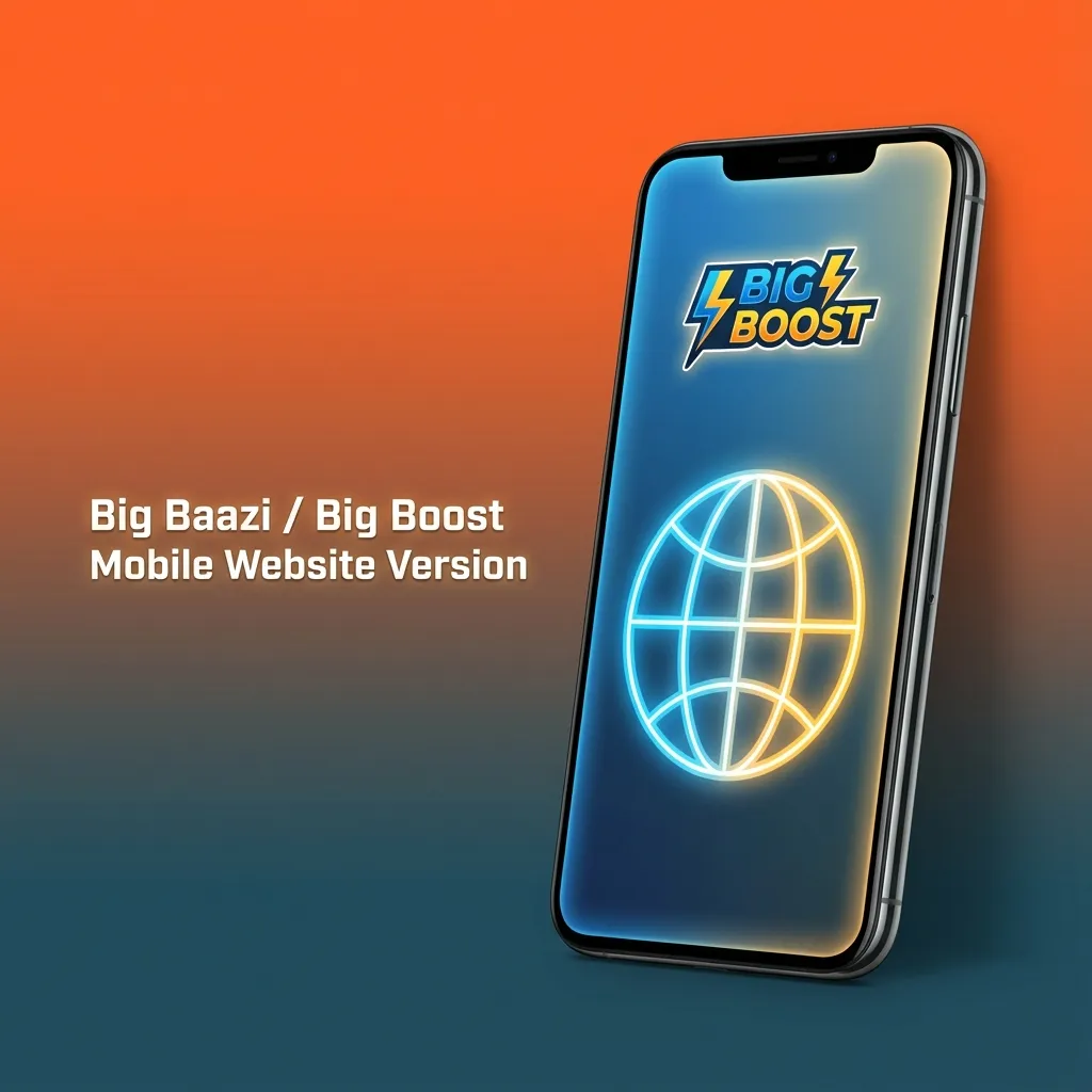 Smartphone showing Big Baazi / Big Boost mobile site with betting options, touch menus, and payment icons in a browser screen