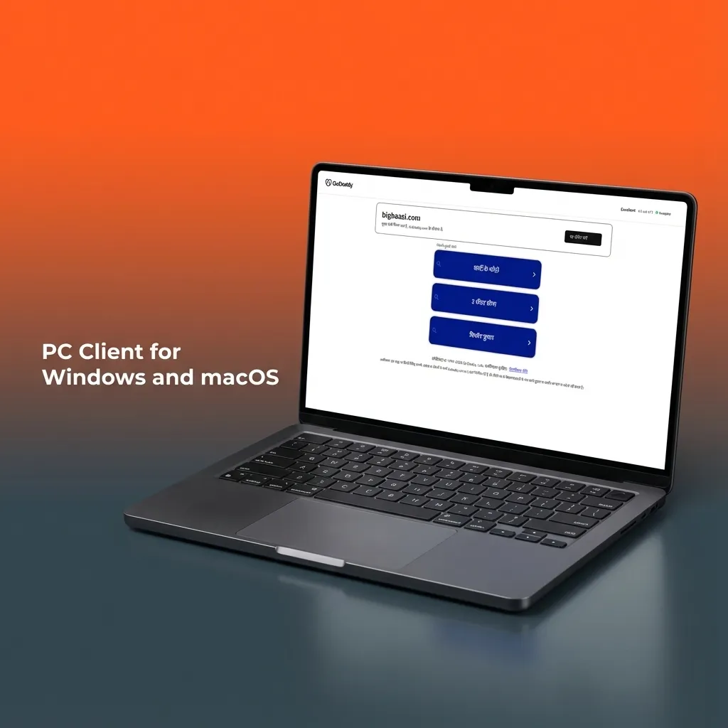 Illustration showing Big Baazi / Big Boost used on Windows and macOS browsers instead of a separate desktop client.