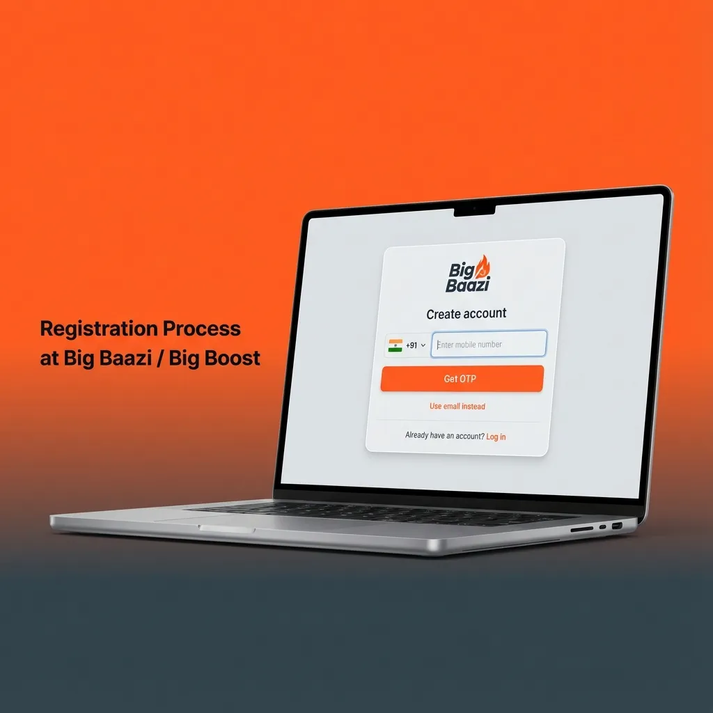 Illustrated Big Baazi / Big Boost signup steps on phone and laptop, showing fields, OTP, INR selection, and welcome bonus.